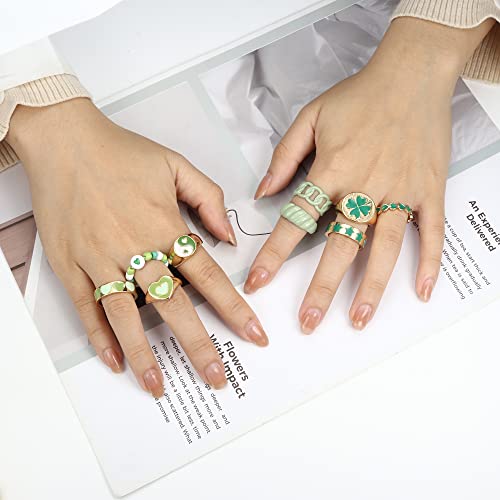 Subiceto 9 Pcs Chunky Y2K Rings For Women Colorful Resin Acrylic Rings Funky Evil Eyes Butterfly Heart Flower Yin Yang Rings,Aesthetic Statement Knuckle Rings Set Green #TOP4