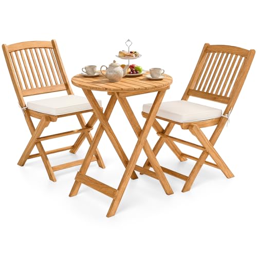 Giantex 3Pcs Patio Bistro Set, Wood Folding Table Set, 2 Cushioned Chairs for Garden Yard, Outdoor Furniture Round Table (Natural & Beige)