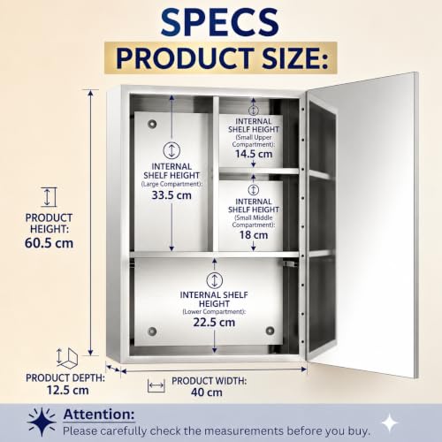 Image of Dropin (16x24 Inch, Chrome Finish 304 Stainless Steel Bathroom Mirror Cabinet, Heavy-Duty Storage Cabinet /Wall Mounted Mirror Bathroom Cabinet Separate Compartments for Storage