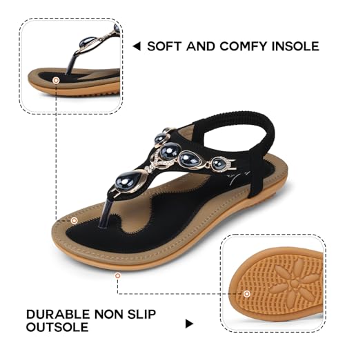 Image of SHIBEVER Dressy Flat Women Sandals: Comfortable Summer Thong Flats Sandal | Arch Support Walking Ankle Strap Dress Rhinestone Bling Womens Sandal - All Day Comfort Casual Beach Boho Women's Shoes