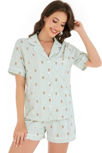 Image of LUBOT 100% Cotton Pajamas for Women 2 Piece PJ Set Button-Down Soft Knit Short Sleeve Summer Sleepwear Loungewear XS-XXL