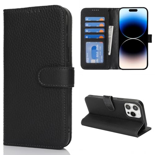 Étui portefeuille iPhone 14 Pro cuir véritable clapet magnétique noir RFID