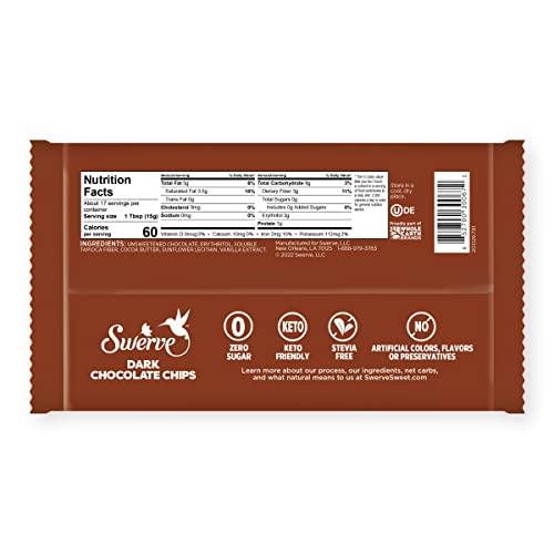 Swerve Dark Chocolate Chips, Zero Sugar, Kosher, Keto Friendly, Non-GMO, 9 Ounce (Pack of 12)