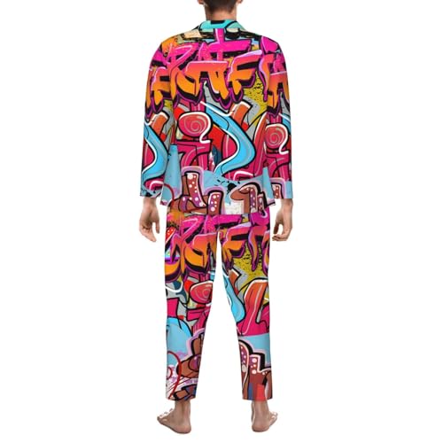 MENRIAOV Mens Graffiti Wall Urban Hip Hop Background Pajama Set Sleepwear Long Sleeve Button Shirt Pants3