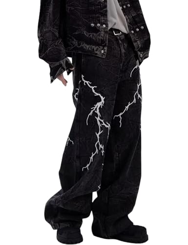 Y2k Baggy Jeans Men Flower Print Graphic Jeans Harajuku Wide Leg Vintage Denim Pants Streetwear