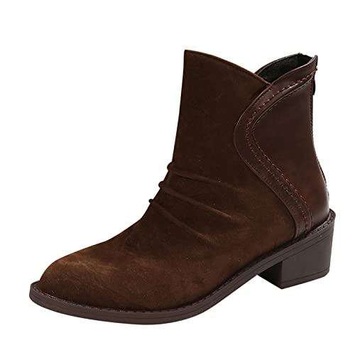 Yowablo Dames Vintage solide plissé en cuir suédé panneau tête ronde dos fermeture éclair talon mode bottes courtes Jardin Bois