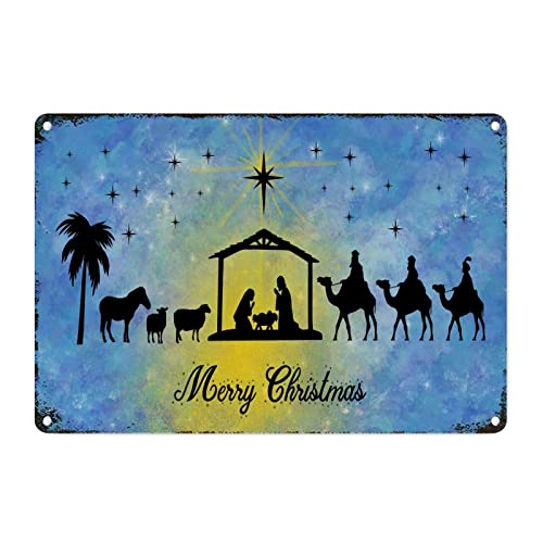 Naissance de Jésus tableau métal bleu 30,5 cm crèche de Noël