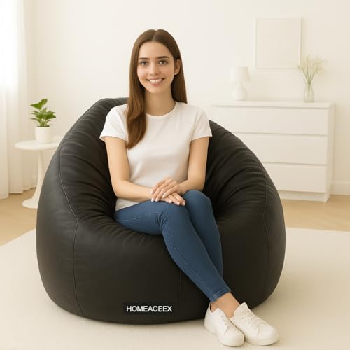 Image of Faux Leather Bean Bag with Filled Beans 4XL Bean Bag Chair | Capacity Upto 150 Kg Weight | XXXXXL Filled Bean Bag, Black