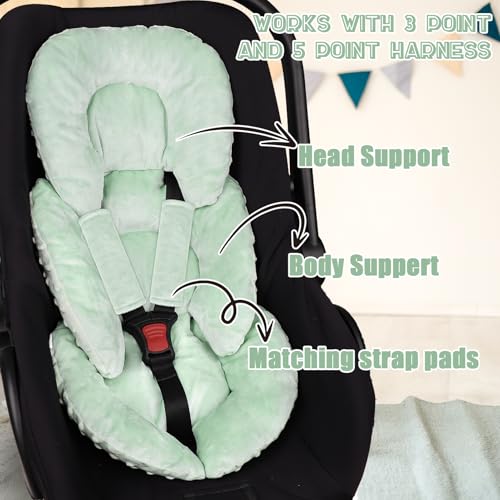 Image of GFU Infant Car Seat Insert Head and Body Support, Reversible Newborn Insert for Carseat with Strap Pads, Soft Stroller Cushion Pillow Insert for Boys and Girls, Fits for Stroller, Swing, Green