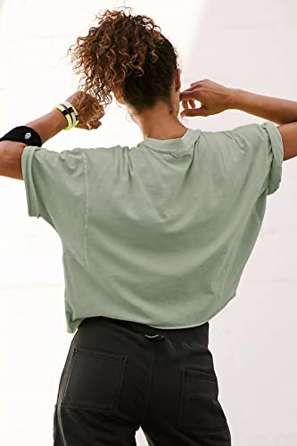 Image of HUGOOME Womens Oversized Workout Crop Top Casual Short Sleeve Boxy Roll Hem | Basic Half Split Sleeve Drop Shoulder Loose Yoga Running Gym Tee Cropped T-shirt Solid Trendy Relaxed Daily Tee