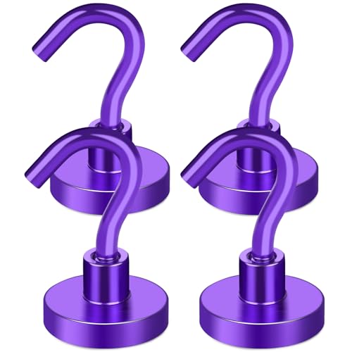 MIKEDE Magnetic Hooks Heavy Duty, 30LB+ Strong Magnets with Hook for Fridge, Neodymium Extra Strength Industrial Hooks for Hanging, Magnetic Hanger for Toolbox, Cruise, Grill (Purple, 4 Pack)