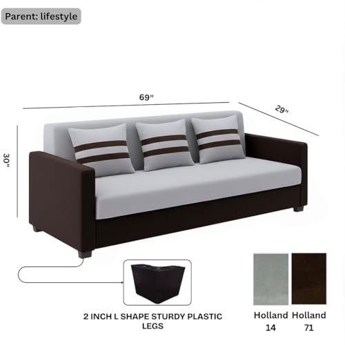 Image of FURNY Lifestylio 3 Seater Fabric Sofa Set (Light Grey-Dark Brown) Premium Velvet Finish | Ideal for Living Rooms, Offices
