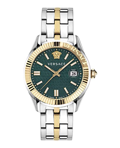 Versace Greca Time Collection Luxury Mens Watch Timepieces with a Two Tone Bracelet and Case Featuring a Green Dial