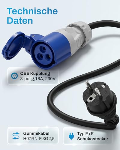 feletec CEE Adapter Schuko Stecker auf CEE Kupplung, 35cm Camping Kabel, IP44 Camping Verlängerungskabel, H07RN-F 3G2,5 Campingstecker Adapter 16A
