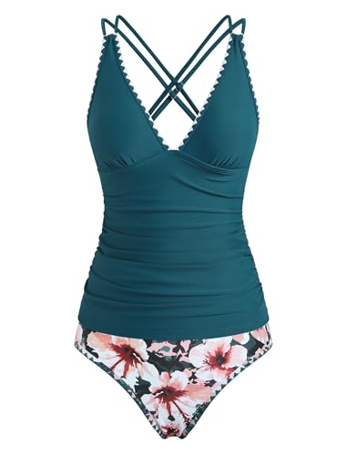 Image of ZAFUL Womens Tankini Swimsuits V Neck Push Up Swim Top Color Block Tummy Control High Waisted Bathing Suits Swim Bottom