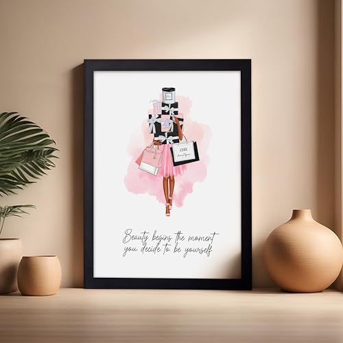Image of Poster Master Lady with Shopping Bags Poster - Fashion Print - Trendy Art - Modern Art - Gift for Women & Fashionista - Luxury Haute Couture Decor for Bedroom or Girl's Room, 16x20 Black Framed