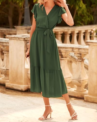 Image of BTFBM Women Summer Bohemian Floral Casual Wrap V Neck Ruffle Cap Sleeveless Belt A-Line Pleated Hem Midi Sun Dress White