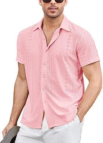 Makkrom Mens Short Sleeve Guayabera Shirt Button Down Lapel Hollow Out Cuban Camp Beach Shirt Top