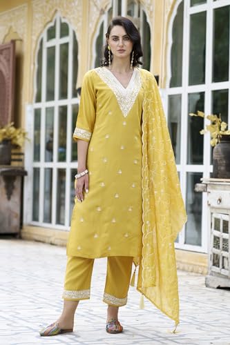 Image of VredeVogel Women's Silk Blend Kurta Pant Set with Chanderi Embroidery Work Dupatta