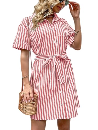 ebossy Women's Boho Striped Shirt Dress Button Up Contrast Color Swing A Line Mid Long Dress with Belt