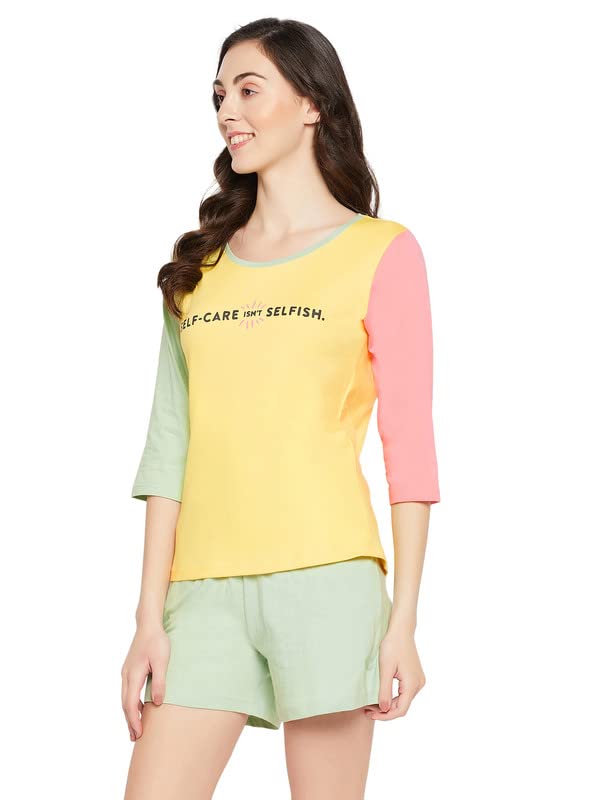 Image of Clovia Women's Cotton Print Top & Chic Basic Shorts Set (LS0661D02 Yellow 1 M)
