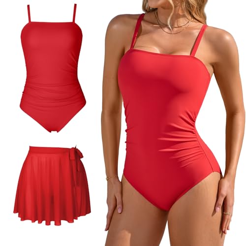 Charmo Ribbed One Piece Swimsuit for Women Tummy Control Slimming Bathing Suit Modest Swimdress Swimwear Red