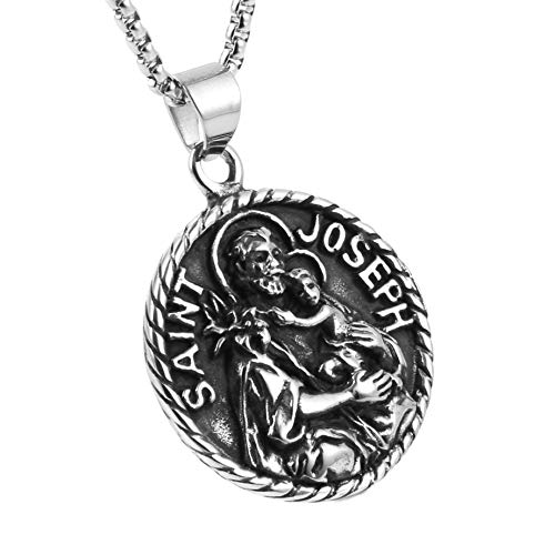 AsAlways Saint Joseph Necklace Stainless Steel Catholic Patron Saints Medal Jewelry, Traveler Medallion Blessings Gift
