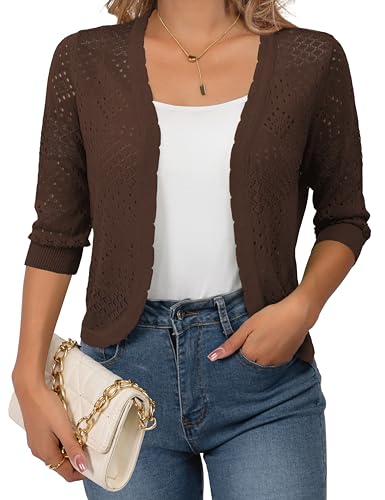 REDHOTYPE Women's 3/4 Sleeve Cardigan Open Front Cropped Shrugs Summer Hollowed Lightweight Cardigans Sweater,Coffee,Large2