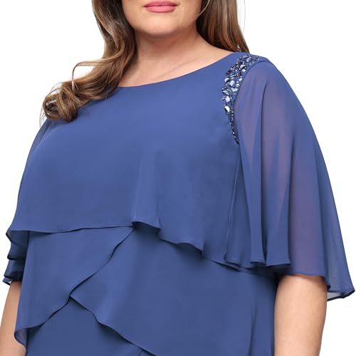 Image of S.L. Fashions Women's Plus Size Tiered Chiffon Cocktail Party Dress with Attached Cape & Beaded Shoulders