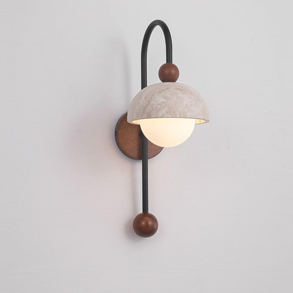 HUAYUSEDF 15.7in Style Interior Yellow Travertine Wall Sconce, Solid Wood Decorative Bedside Wall lamp, Round White Glass lampshade Wall Light, for Clothing Store Aisle Decorative Lighting