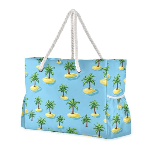 JUNZAN Tropical Trees Blue Beach Tote Bag with Handles Swim Pool Bag Beach Totes Bags for Women with Waterproof Pockets