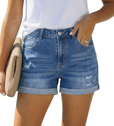 Image of onlypuff Womens Jean Short Cut Off Denim Shorts High Waist Ripped Distressed Stretchy