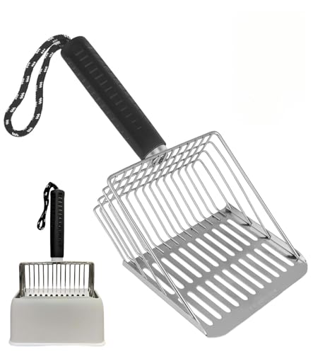 Faoemsey Cat Litter Scoop with Holder Solid and Durable Metal Litter Scoop Stainless Steel Litter Box Scooper Heavy Duty Black Rubber Handle