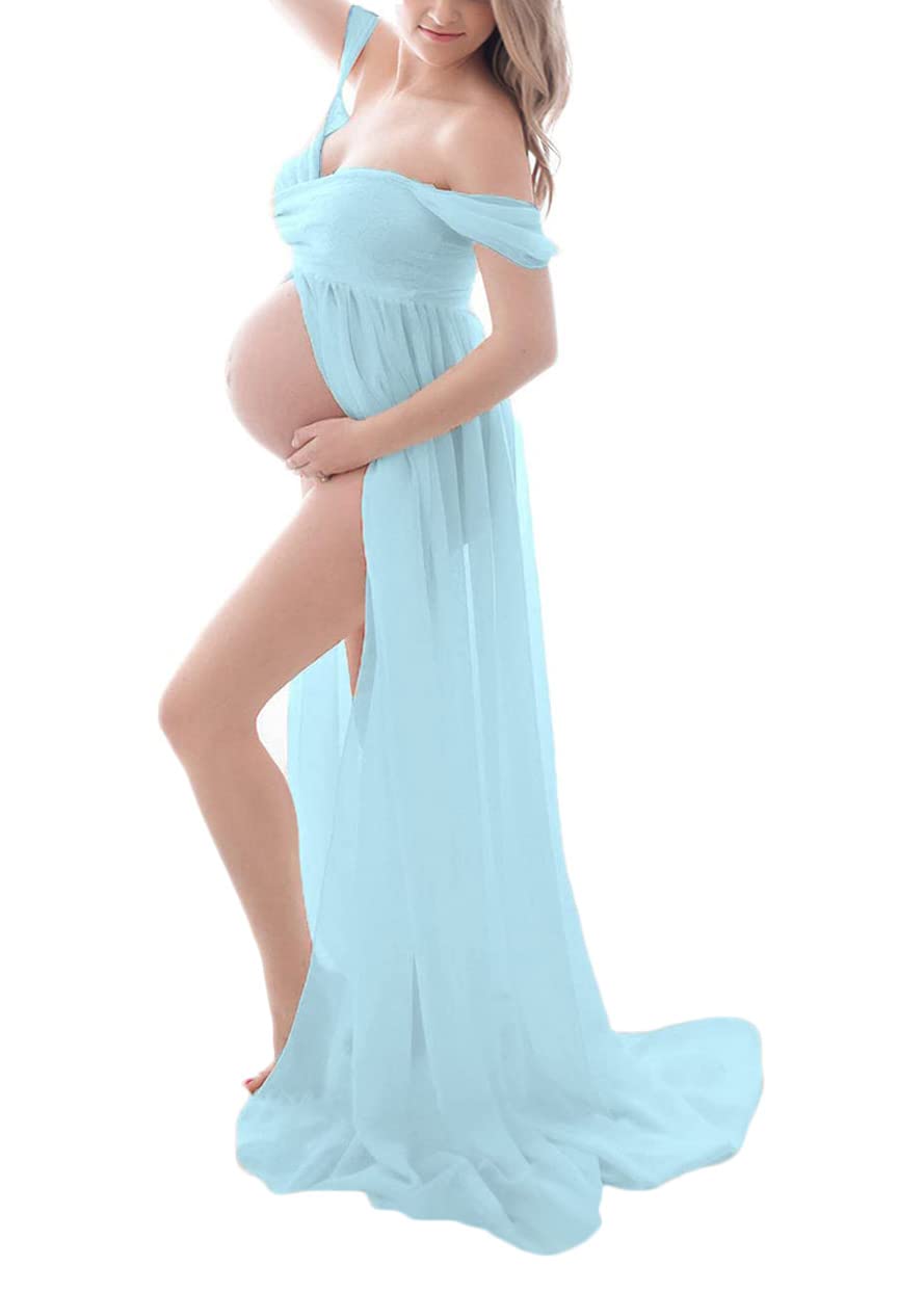 Tomwell Robe Grossesse Femme Jupe Longue en Mousseline de Soie Maternité Photographie Robe Couleur Unie Élégant Shooting Photo Maxi Robes