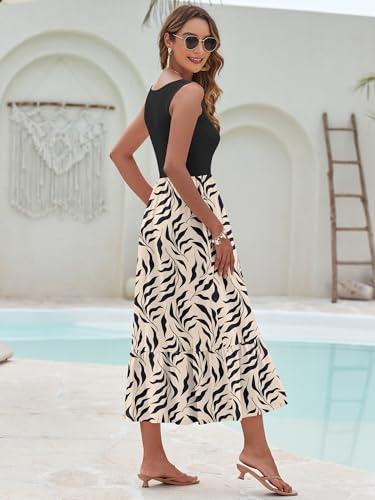 Image of AUSELILY Womens Summer Maxi Dress Casual Sleeveless V Neck Floral Dresses | A line shape with practical side pockets, Vacation dress for resort walks, Pair with low heels and simple jewelry
