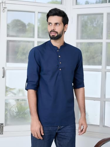 Image of See Designs Men's Roll-Up Sleeve Mandarin Collar Deluxe Cotton Solid Short Kurta (Pack of 2) - Festive Collection