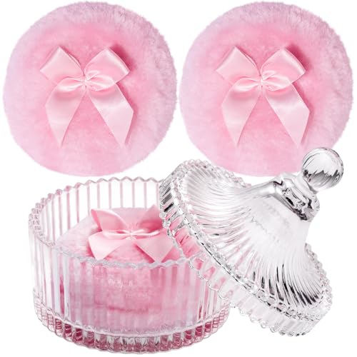 Teenitor 4pcs Powder Puff Soft Powder Puff and Container, Dusting Powder Container with Puff, Glass Crystal Case for Soft Velour Body Powder Puff Pink