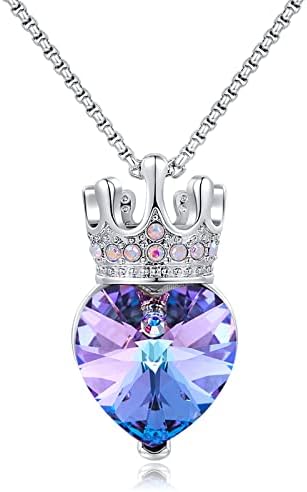 CDE Princess Queen Crown Necklace for Girls Women Love Heart Pendant Necklaces with Birthstone Crystal, Christmas Valentine’s Day Birthday Party Jewelry Gifts for Daughter Granddaughter Niece Teen Girl