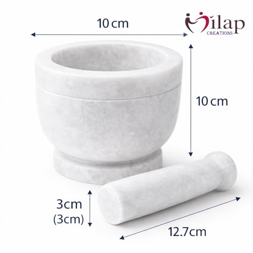 Image of Boat Shape Marble Mortar and Pestle Set Stone, Khalbatta, Kharal, Okhli, Musal Kitchen Tool For Crushing Grinding Blending (Imamdasta-White-4-Inch)