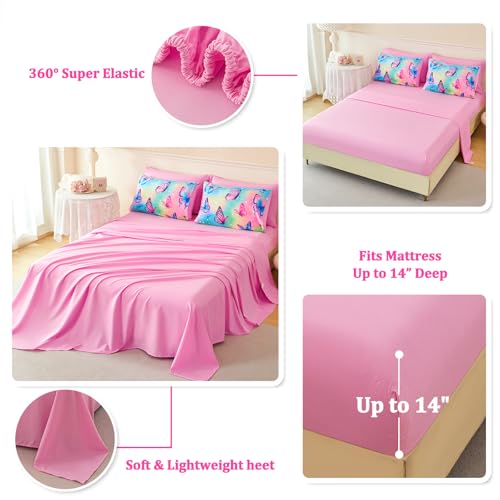 Image of 7 Pcs Butterfly Twin Bedding Set for Girls, Colorful Comforter Set Twin Size, Soft All Season Pink Butterfly Girls Bedding Sets with Sheets