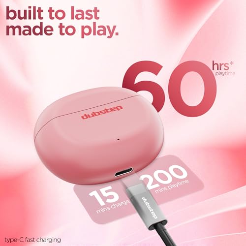 Image of Dubstep Buzz X12 TWS Wireless Earbuds, 60H Playtime, Bluetooth 6.0, ENC Noise Cancellation, 13mm Drivers, Game & Music Mode, Touch Control, Type-C Fast Charging (Pink)