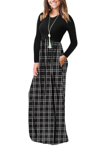 Image of AUSELILY Womens Long Sleeve Maxi Dress Casual Empire Waist with Pockets | Versatile year round long dress for spring, fall, winter, available in floral prints and solids