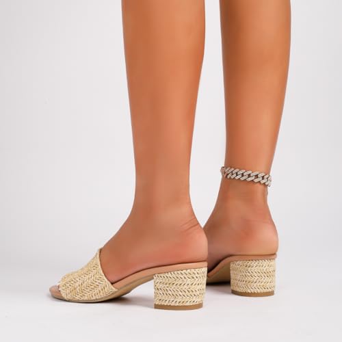 getmorebeauty Raffia Heeled Sandals for Women Chunky Heels Open Toe Slides Mules Sandals Slip On Summer Shoes3