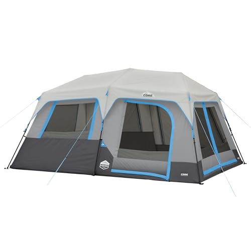 CORE 10 Person Instant Cabin Tent with LED Lights | Large Multi Room Family Lighted Pop Up Tent for 2 Minute Camp Setup | Included Storage Pockets for Camping Accessories