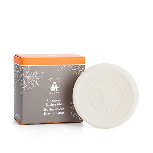 Image of MUHLE Sea Buckthorn Shaving Soap for Men, Classic Lather, Fresh Scent, 65 g | Sea Buckthorn with lime and orange notes; dense creamy foam prepares beard hair for wet shaving, created for every skin type.