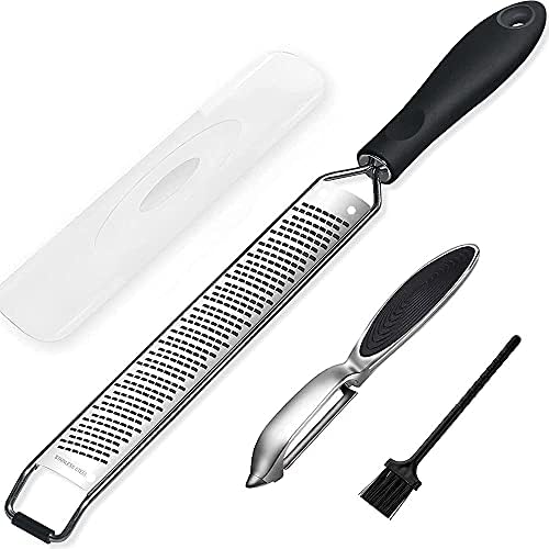 Musment Citrus Lemon Zester & Cheese Grater with a vegetable peeler- Parmesan Cheese, Lemon, Ginger, Garlic, Nutmeg, Vegetables, Fruits - Razor-sharp Stainless Steel,Black,L