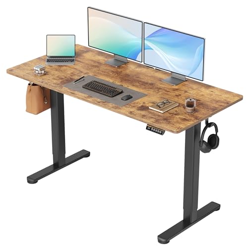 Image of Claiks Electric Standing Desk, Adjustable Height Stand up Desk, 55x24 Inches Sit Stand Home Office Desk with Splice Board, Black Frame /Rustic Brown Top