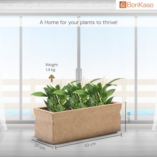 Image of BonKaso 21 inch Beige Pot - Tall, Durable & Lightweight Polymer Rectangle Planter for Indoor & Outdoor Use: Home, Office, Garden & Balcony (Gamla /Gamale)