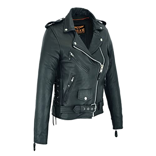 Dream Apparel Women’s Classic Leather Motorcycle Jacket with Zip Out Lining, Biker Jacket for Ladies with Side Laces, Black - Image 3