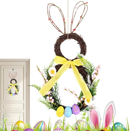 Corona de conejo de Pascua, corona de conejo de imitación de Pascua, corona de flores artificiales en forma de conejo, para puerta delantera, pared, decoración de ventana del hogar